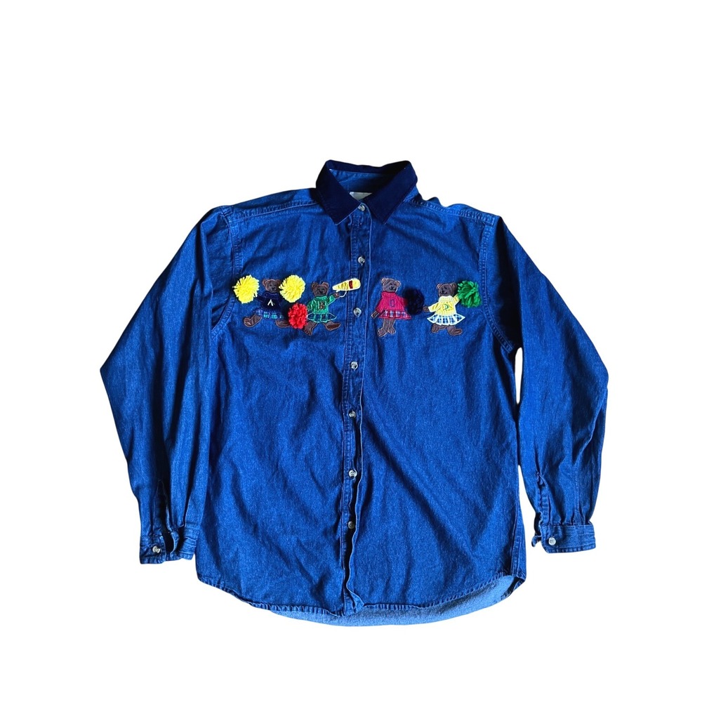 Casey & Max Vintage Denim Shirt Embroidered Cheerleader Teddy Bears M Teacher